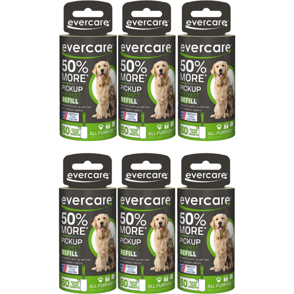 Evercare Extra Sticky Pet Lint Roller Refill 60 Sheets, 6-Pack