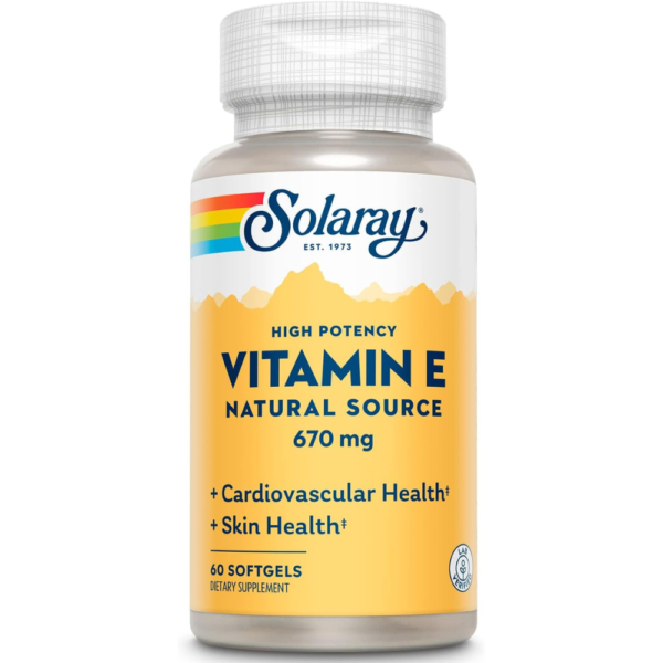 SOLARAY Vitamin E 1000 IU Softgel Capsules, 670 mg - d Alpha Tocopherol Vitamin E Supplements - Skin Health, Heart Function and Antioxidant Support - 60-Day Guarantee - 60 Servings, 60 Softgels